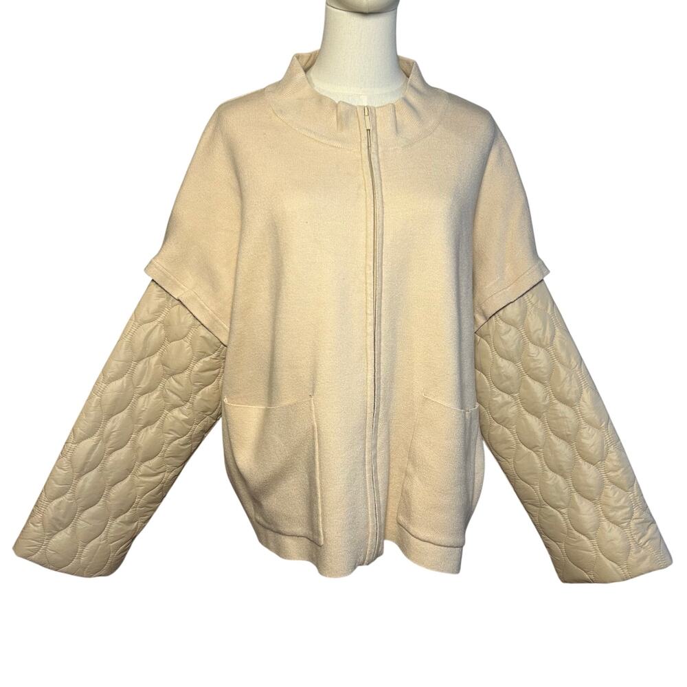 Vince Camuto NWT Cozy Season Stone Mixed Media Puffer Sleeve Zip Cardigan L